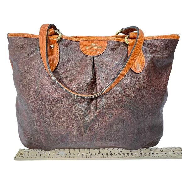 Etro Shoulder Bag Authentic w/serial# Paisley Jacquard Fabric Tote Leather Trim - Picture 6 of 14